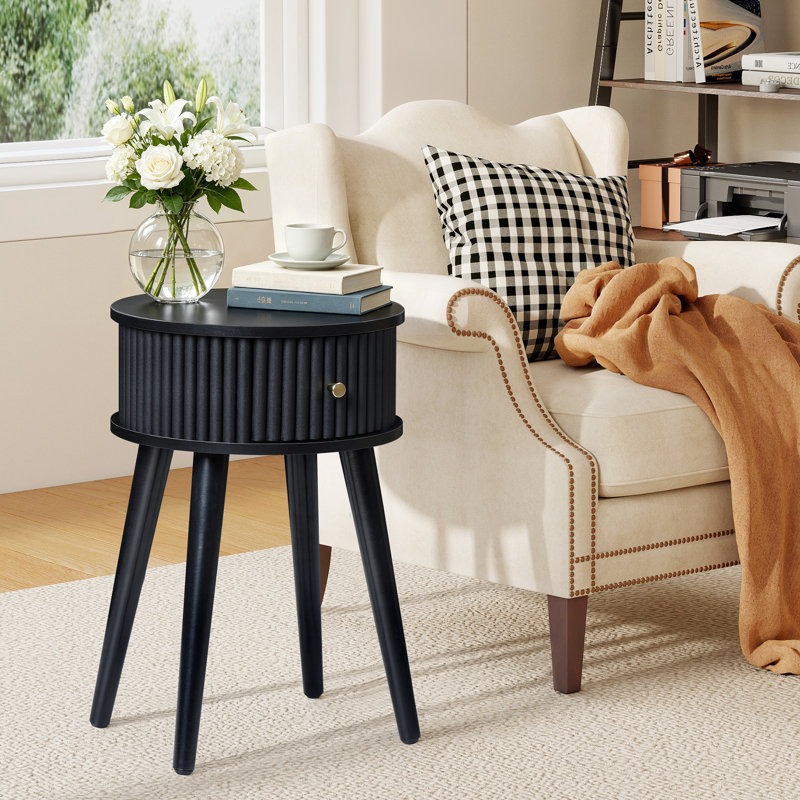 Round End Table with Solid Wood Legs, Black
