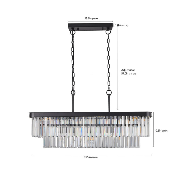 Lustre rectangulaire moderne en cristal industriel moderne avec îlot de cuisine noir réglable