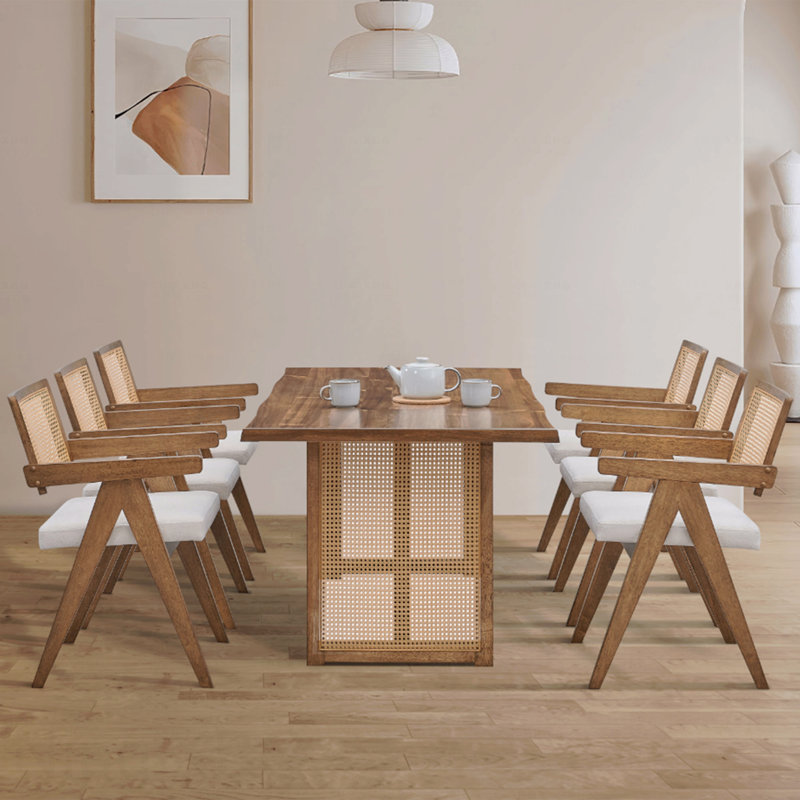 70.87 Inch Rectangular Waves Dining Table 6 Person Oak Rattan Weave, 29.53"H x 70.87"L x 35.43"W