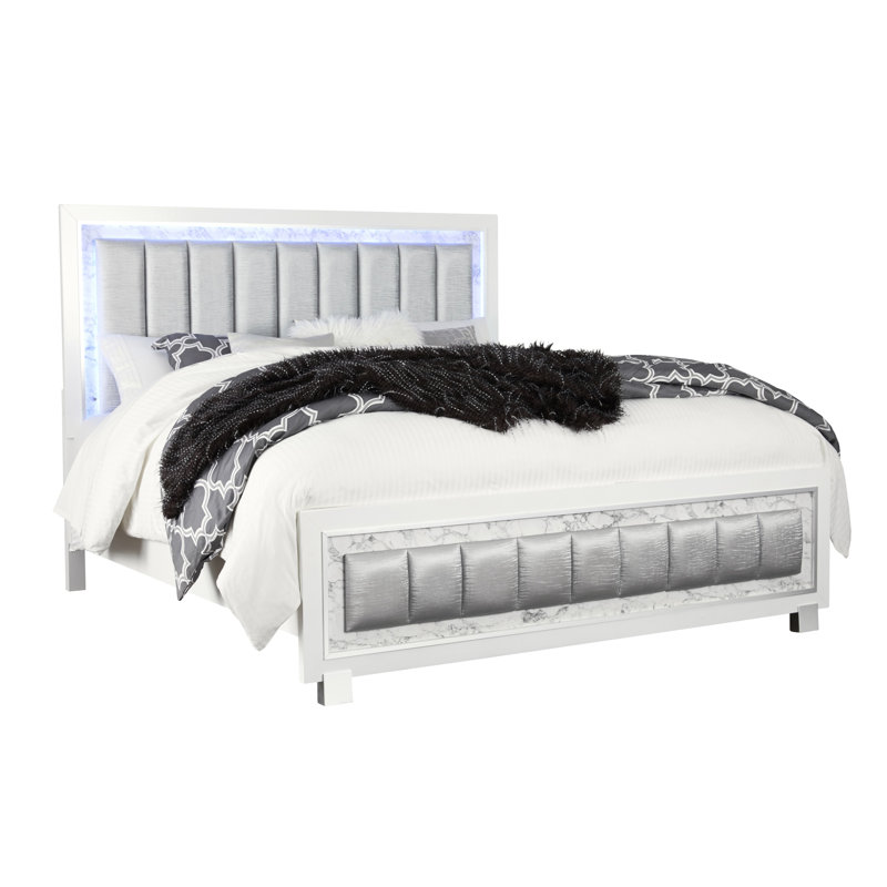 Grand lit blanc avec tête de lit et panneau lumineux, tête de lit rembourrée, structure en bois d'hévéa, mobilier de chambre à coucher moderne, bois massif +, 86 po de profondeur, 79 po de largeur, 60 po de hauteur, 117,93 lb, sommier tapissier