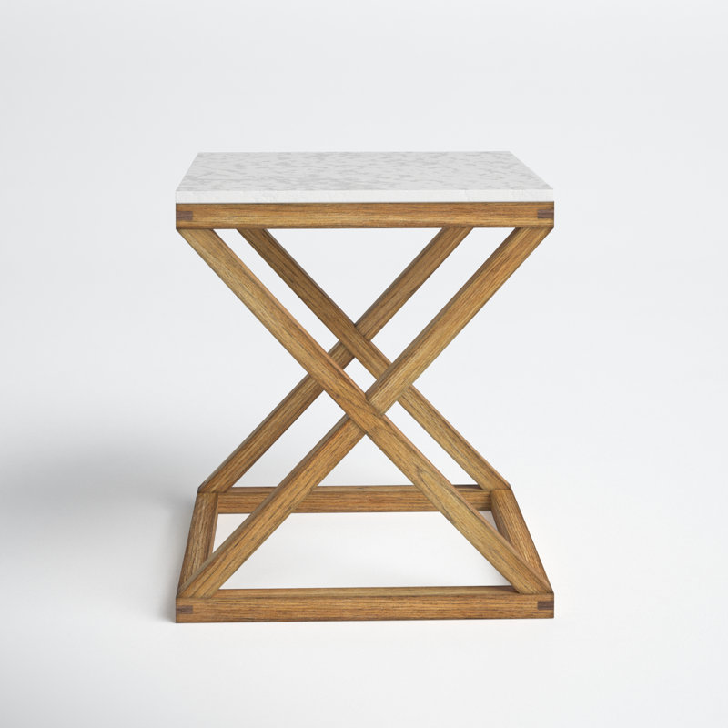 Lewis Marble Top Solid Wood Cross Base End Table, White/Natural