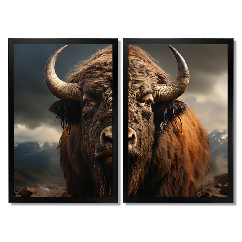 Buffalo Portrait - ensemble de 2 reproductions d'art sur toile de bison, animaux bruns, Avec cadre, Noir, H 32 po x l 32 po