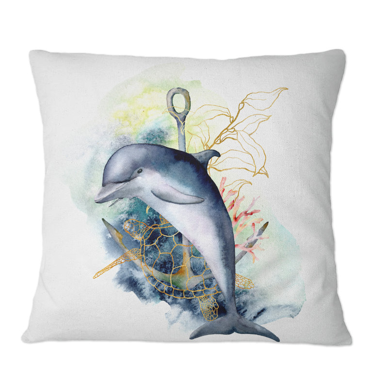 Tortue dauphin et ancre avec des plantes de récifs coralliens - Coussin décoratif à imprimé traditionnel, 16 po x 16 po
