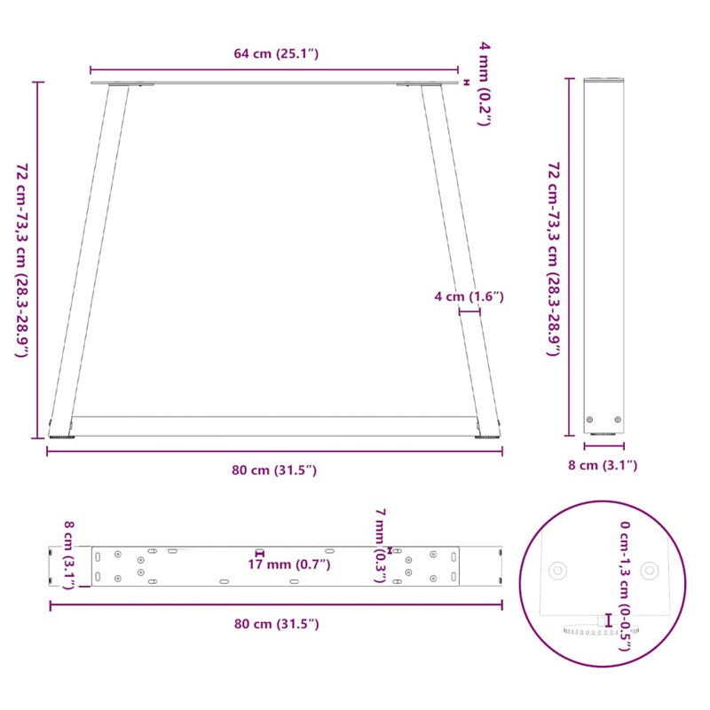 Davenia Table Leg, 73.3cm H x 80cm W x 6cm D, White