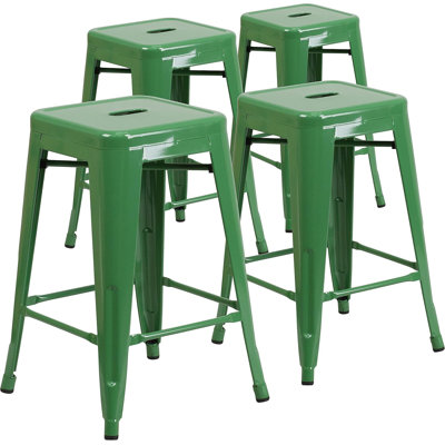 Commercial Grade Metal Counter Height Stool Set Of 4, Backless Indoor/Outdoor Stackable Barstools With Square Seats