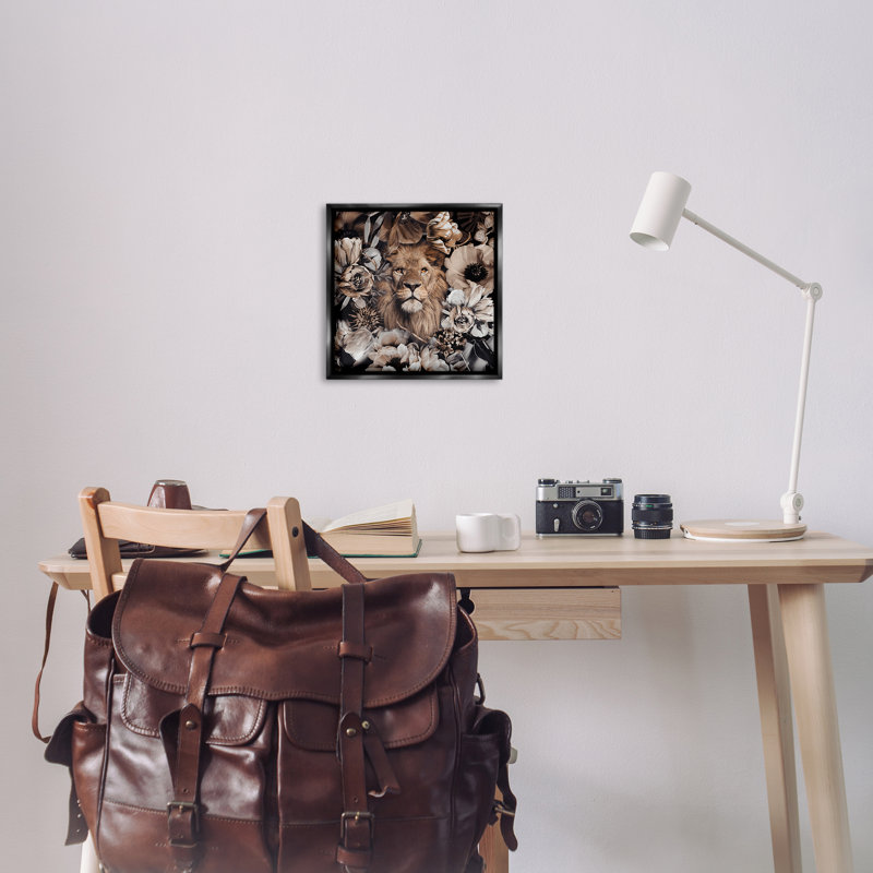 «Mixed Flowers & Lion», art mural encadré flottant par Reinders, Cadre flottant noir de jais, H 18 po x l 18 po