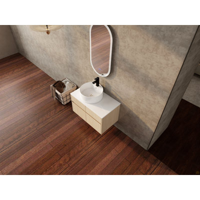 Meuble-lavabo mural 32 po avec lavabo en céramique et panneau plat en PVC, 2 portes à fermeture douce et 1 tiroir, emballage KD, panneau de particules