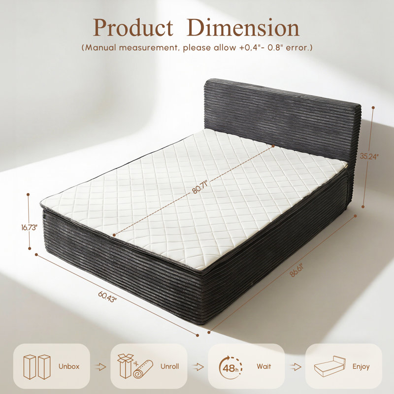 Lit plateforme de compression rembourrée avec tête de lit capitonnée, Grand lit, Gris