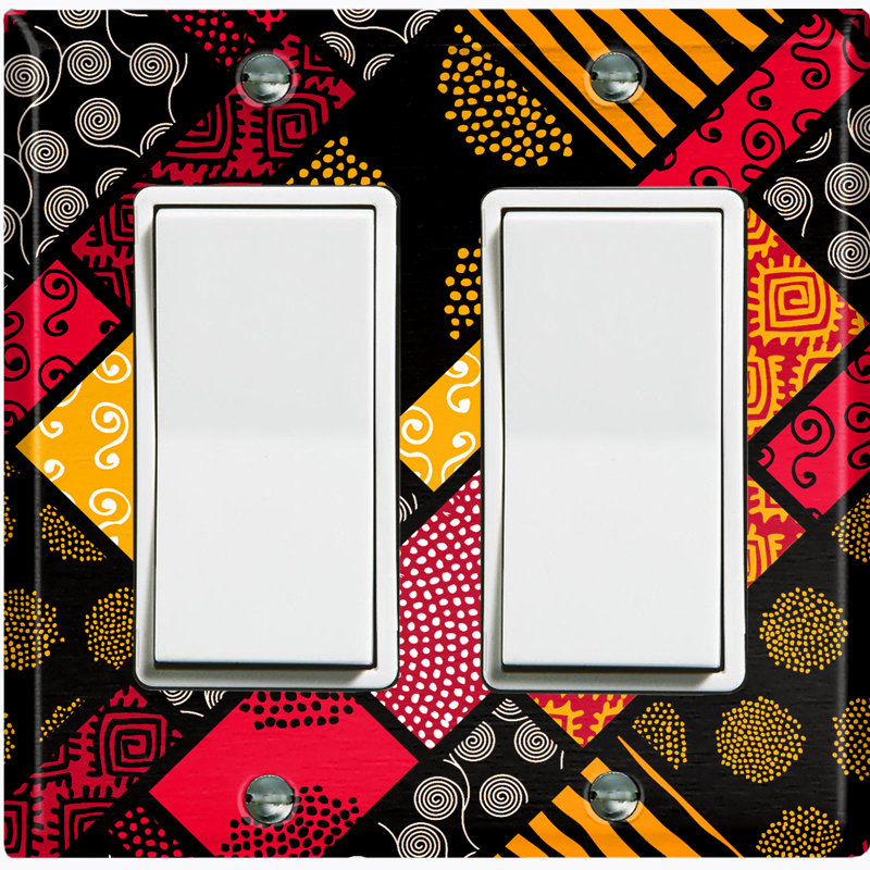Metal Light Switch Plate Outlet Cover (Safari Pattern African Tribal Stained Glass Rectangular Yellow   - Single Toggle), Red