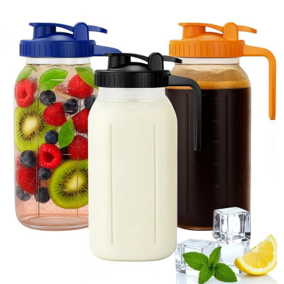 64Oz Mason Jar Pitcher - Airtight & Leakproof Glass Pitchers With Handle And Lid, Perfect For Breastmilk, Cold Brew And Sun Tea For Outside,2 Quart Mason Jar With Pour Spout Lid,1/2 Gallon Water Jug