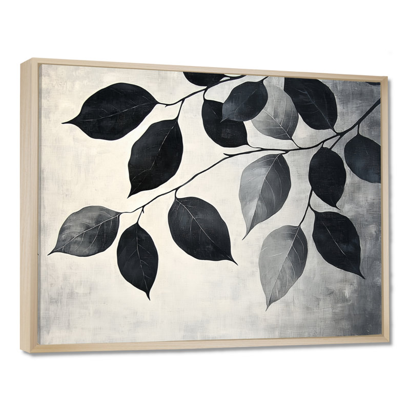 «Black Leaves Shadow Silhouette IV» - art mural feuilles, H 24 po x l 32 po, Impression encadrée flottante, Crème, crème