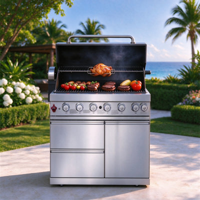 Barbecue à gaz propane 6 brûleurs en acier inoxydable, chariot de barbecue autoportant avec ensemble de rôtisserie, éclairage DEL, deux tiroirs de rangement et compartiment pour la bouteille de gaz, idéal pour une cuisine extérieure sur une terrasse ou dans un jardin.