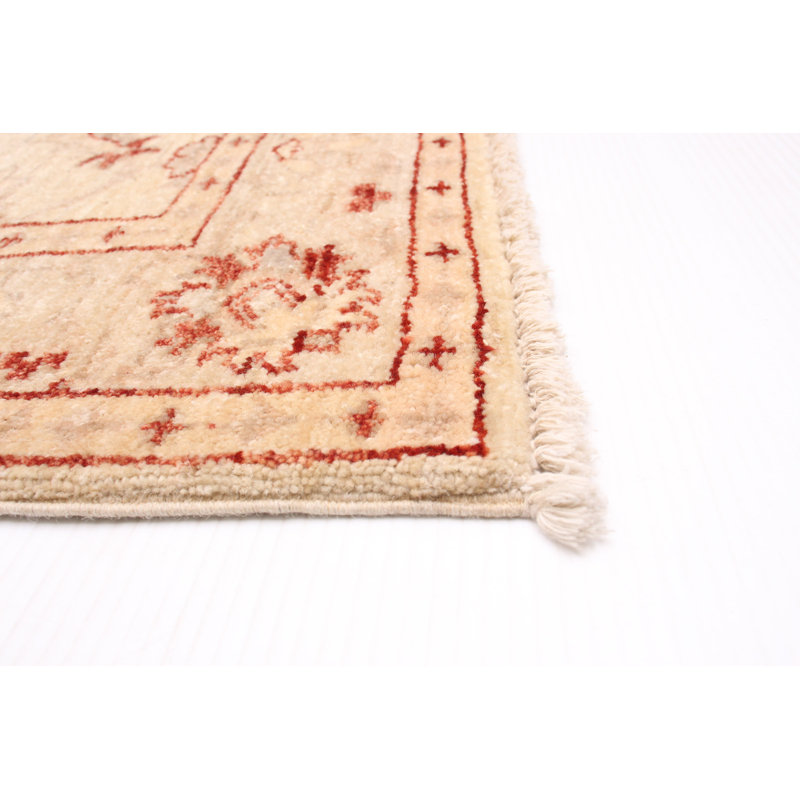 Tapis de couloir en laine noué à la main de conception unique 2 pi 11 po x 9 pi New Age en crème / beige / gris