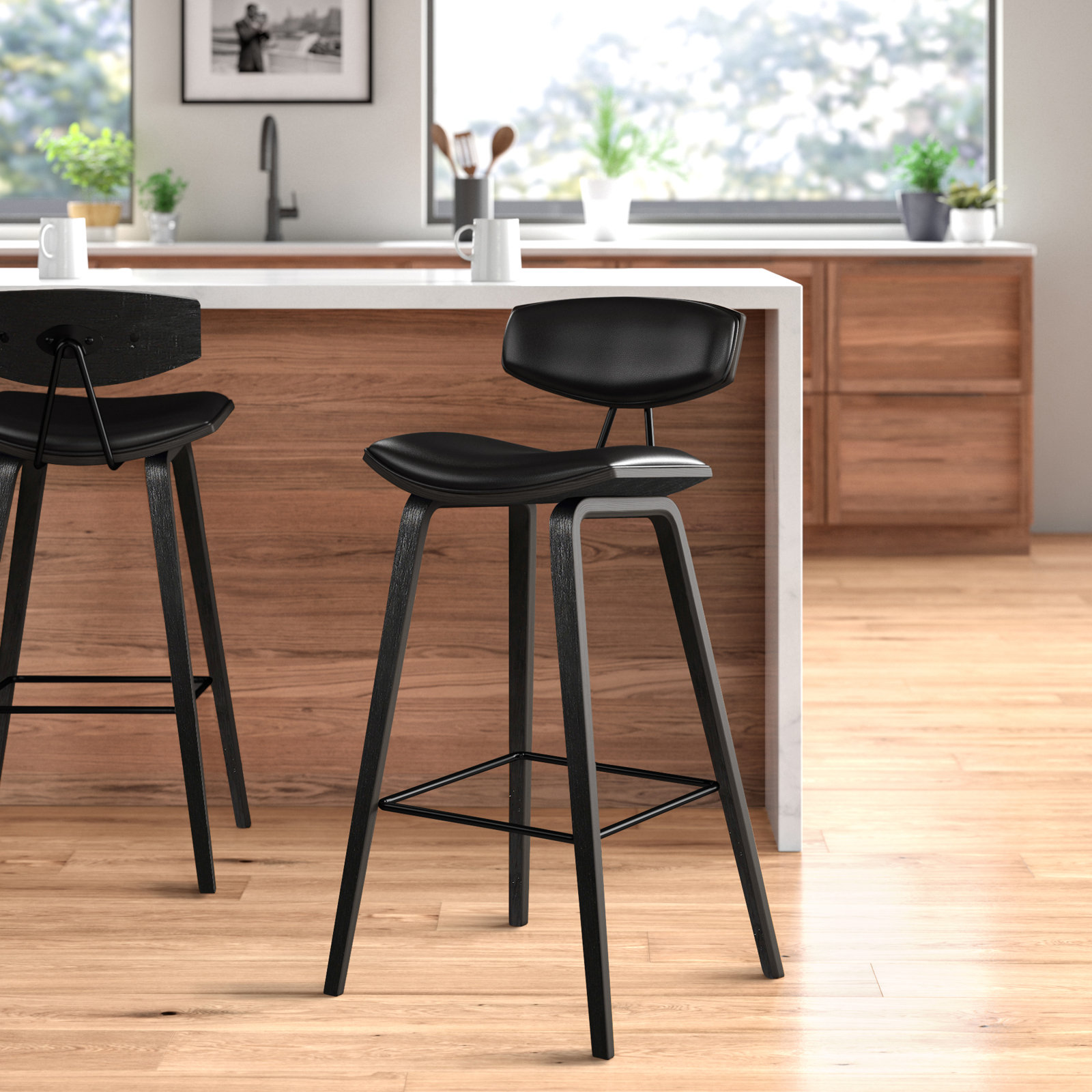Bilgin 29" Bar Stool, Counter Stool (26" Seat Height), Black Faux Leather, Black