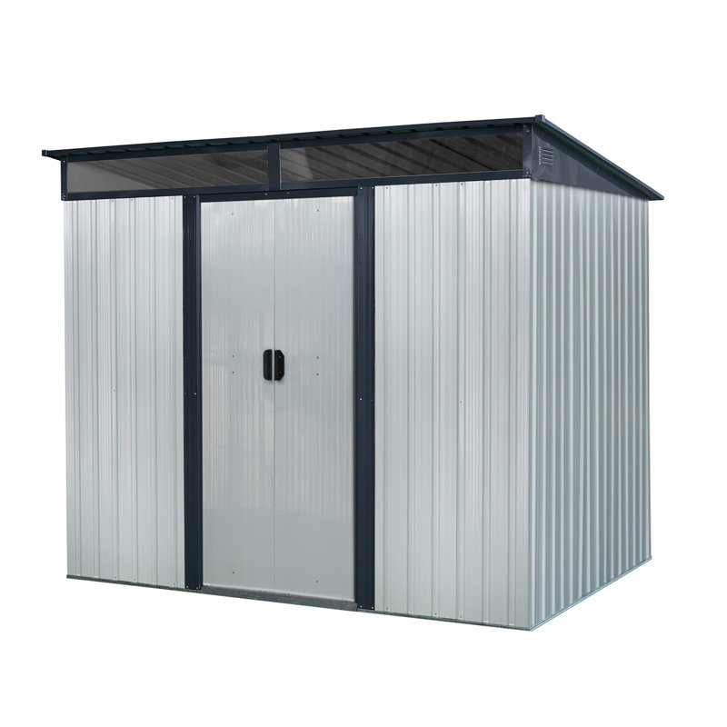 Outdoor Metal Storage Shed. Construction. -. Foundation For Stability. Lawn With Sliding Doors Spacious Tool Storage. -proof. Ideal Patio