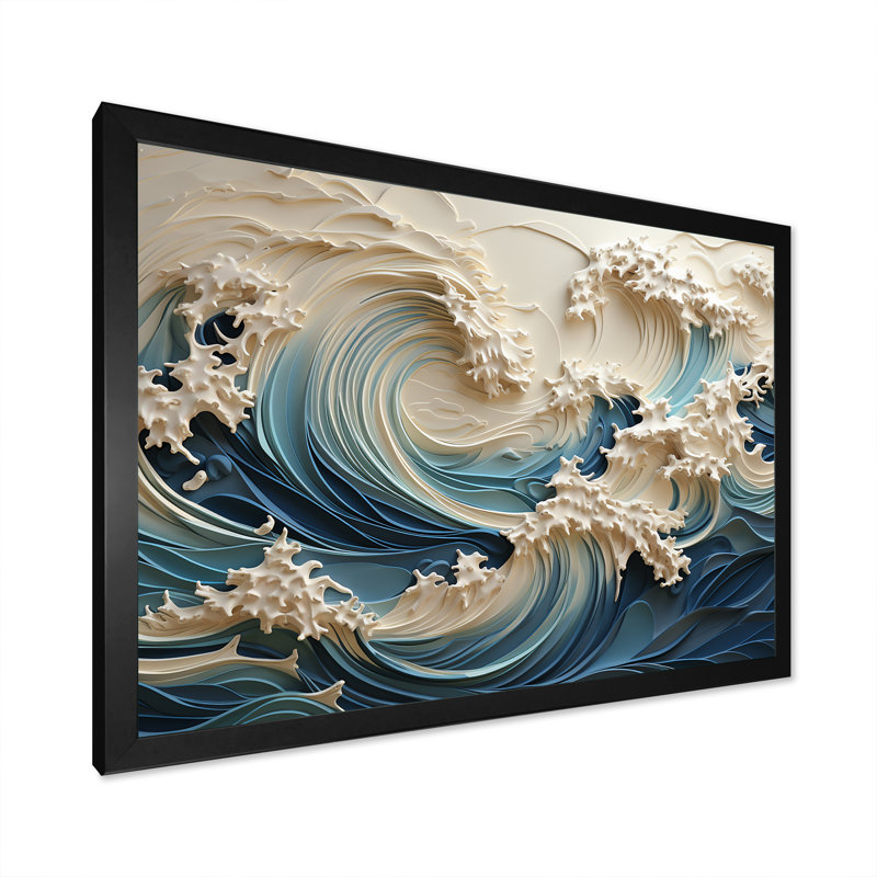 «White and Blue Wave Papercut Style III - Coastal Waves», reproduction d'art sur toile Wave (sans textures), Cadre noir