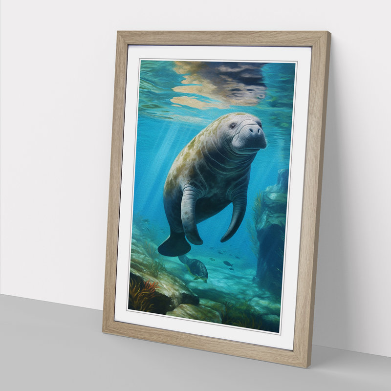 Manatee Hard Edge Painting 1 Piece Single Picture Frame Wall Art, 46cm H x 34cm W x 2cm D, Oak Framed