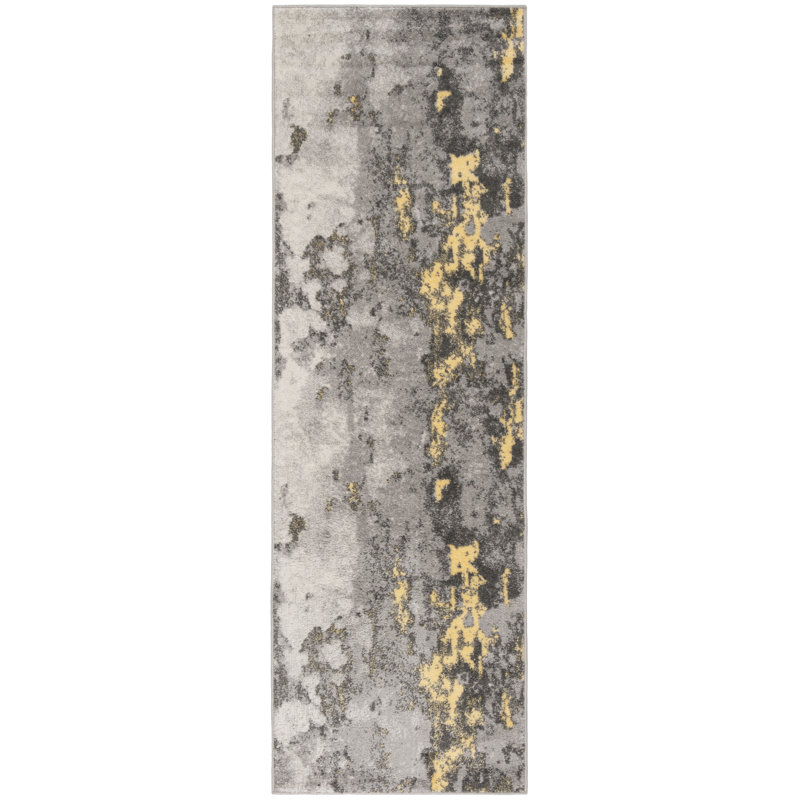 Tapis gris / jaune en polypropylène tissé à la machine à motif abstrait Riebe, Tapis de couloir 2 pi 6 po x 8 pi