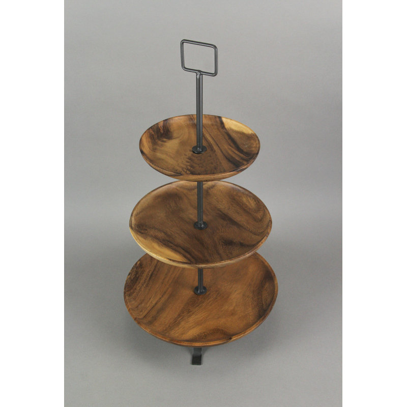 Rustic Round Wood Standing 3 Tiered Serving Tray