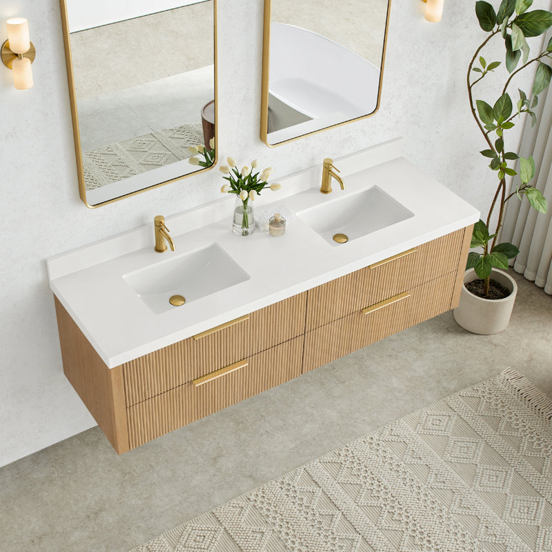 Barcelona 72" Floating Double Bath Vanity in Washed Ash Grey with White Quartz Stone Top, Washed Ash Gray/Brushed Gold, 72"