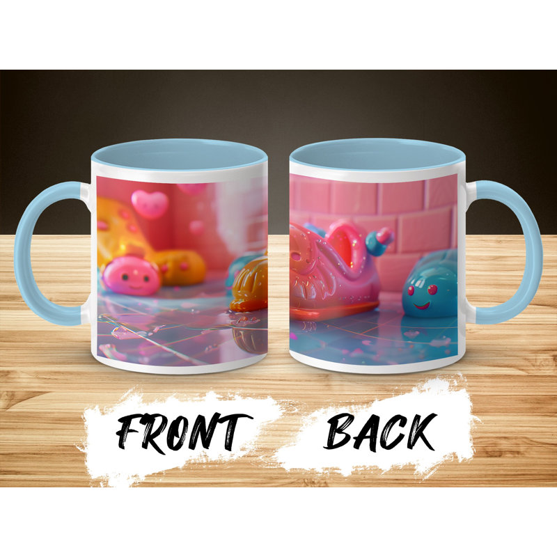 Set of 3 3D Design 11oz Accent Mugs – Ceramic Coffee Cups with a Light Blue Handle and Interior