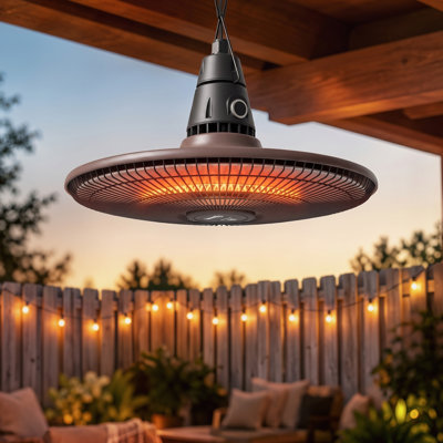 Chauffe-terrasse électrique 1500W, chauffage infrarouge suspendu IP65 avec tube en fibre de carbone, écran DEL, télécommande pour garage, patio, abri de jardin, balcon, brun
