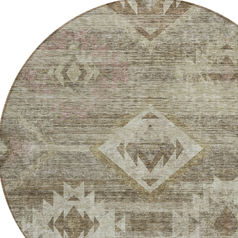 Tapis rond lavable intérieur / extérieur brun et brun clair 8 pi Southwestern