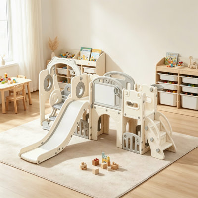 Ensemble de jeux 12 en 1 pour tout-petits, comprenant une balançoire, une glissade et une structure d'escalade avec panier de basketball, pour l'intérieur et l'extérieur. Équipement de jeu durable pour les enfants de 1 à 3 ans. Rouge et bleu.