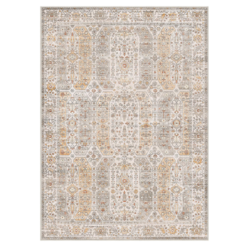 Floral Neutral Yellow / Gray Washable Anti-Slip Indoor Area Rug