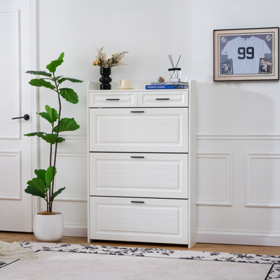 Large White Storage Shoe Cabinet with Two Drawers & Three-Fold Doors