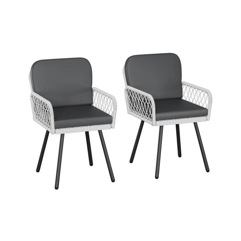 Ensemble de 2 chaises de patio pour le patio, fauteuils d'extérieur en rotin blanc tissé à la main avec coussins, sièges en métal noir pour le jardin, le balcon, la terrasse