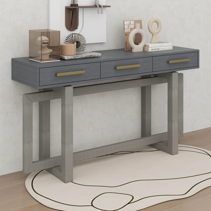 Console élégante avec trois tiroirs, table d'entrée très longue, Gris antique