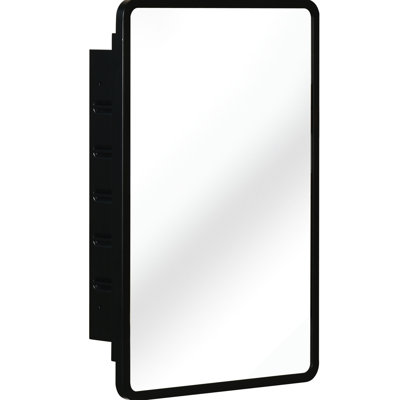 Armoire à miroir 16 po x 24 po avec cadre en métal noir - fixation murale ou 3 tablettes réglables encastrées dans la salle de bain, sections en verre trempé, compartiments de finition extérieure rouille, résistance à la rouille