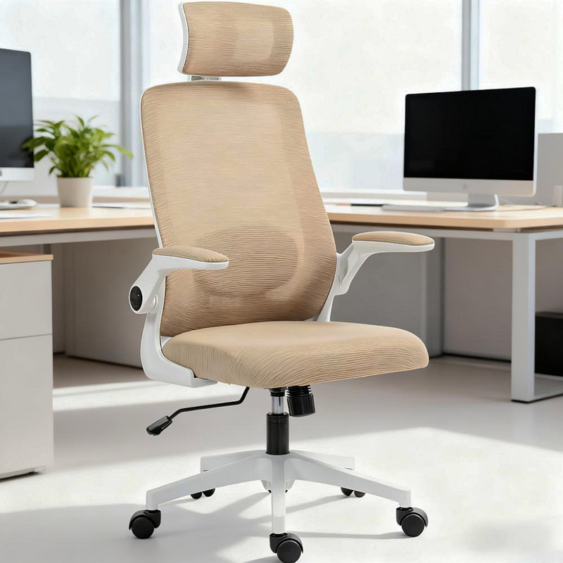 Ergonomic Desk Chair With Flip-Up Armrest,Mesh Office Chair,Rotatable Headrest, Adjustable Lumbar Support, White, Light Khaki