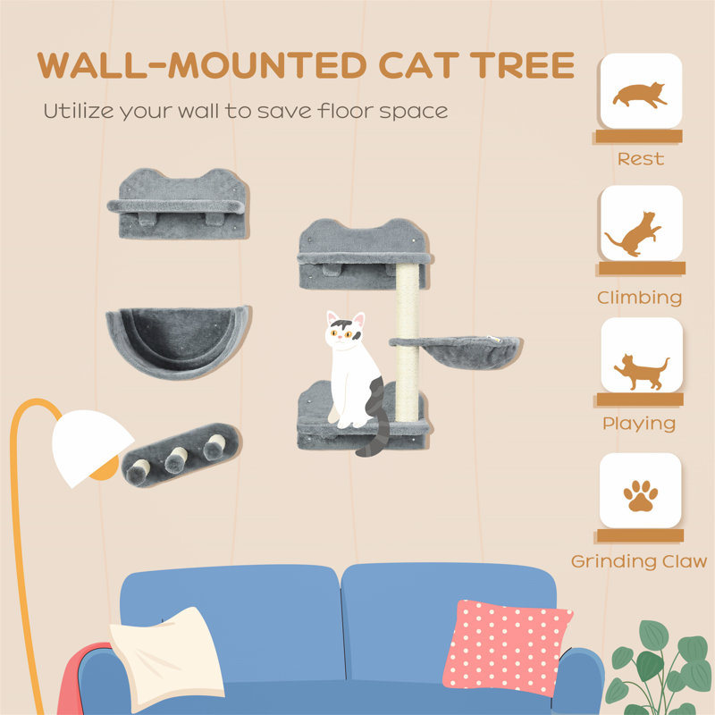 Ensemble de 4 tablettes murales pour chat PawHut avec hamac, perchoirs et grattoir pour dormir, jouer et grimper