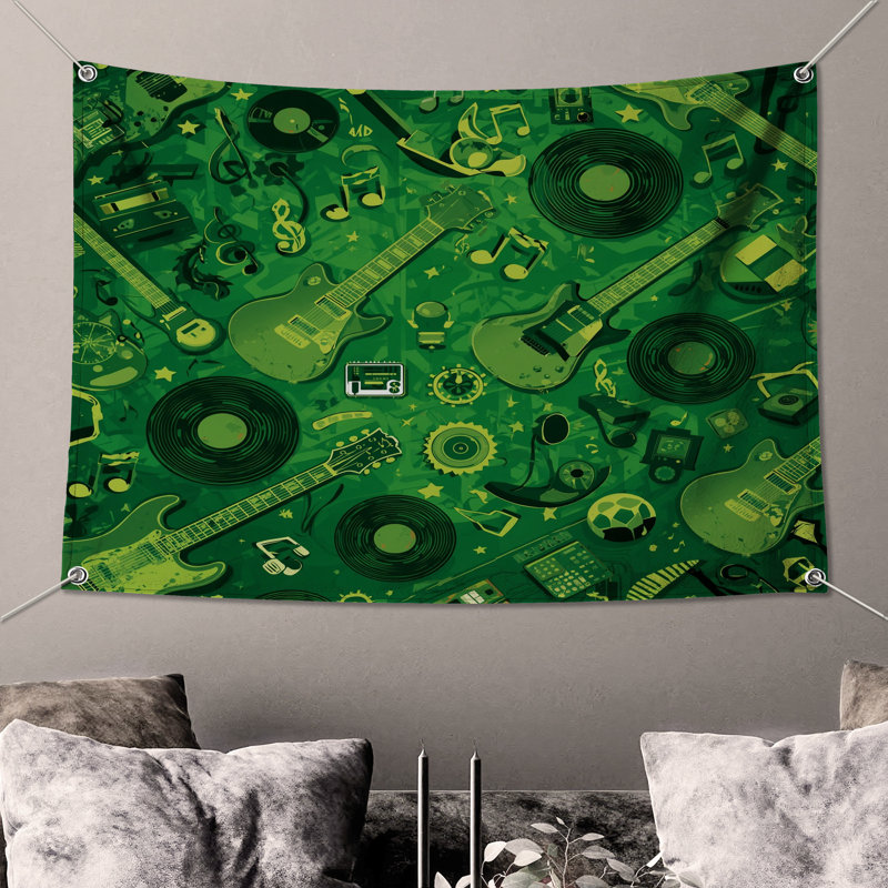 Tapisserie murale instruments de musique verts - Décoration murale musique, H 104 po x 88 avec 4 œillets