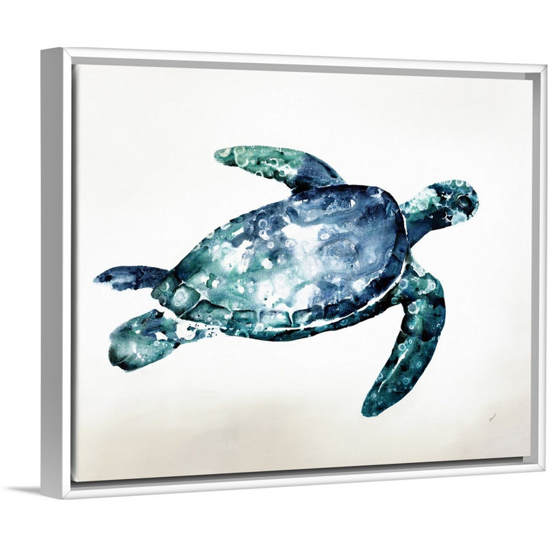 « sea tortue », peinture sur toile, H 17,7 po x l 21,7 po x p 1,75 po, Cadre flottant blanc
