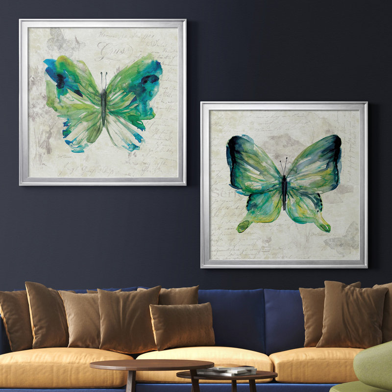 Papillon croquis I - ensemble de 2 reproductions d'art graphique, H 34,5 po x l 69 po x P 1,5 po, Toile encadrée argentée