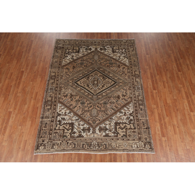 Tapis beige unique en laine noué à la main de style années 1970 de 6 pi 9 po x 9 pi 1 po Hubband