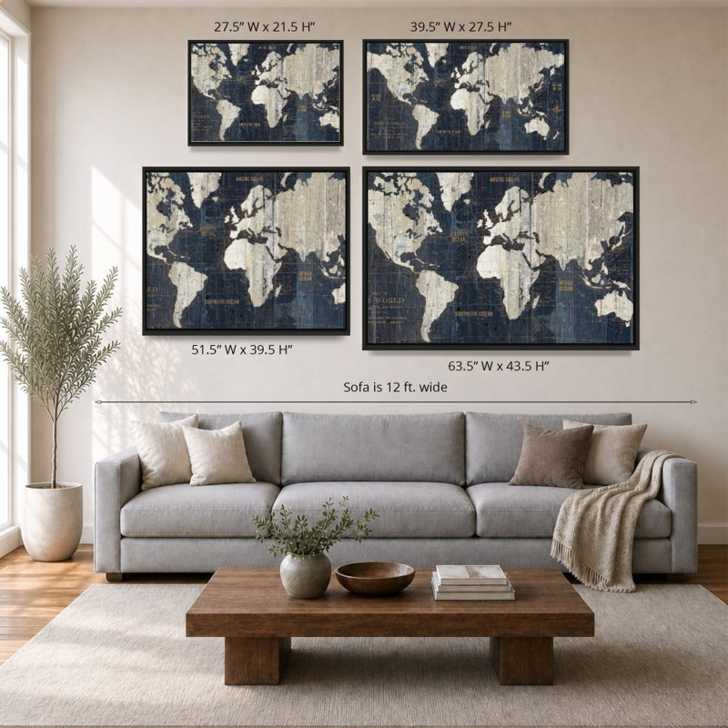 «Old World Map Blue» par Wild Apple Portfolio - impression sur toile, H 44 po x l 64 po, Noir