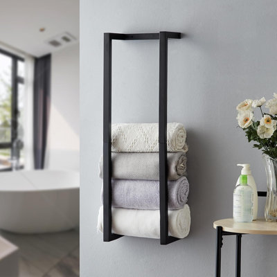 Porte-serviettes mural pour salle de bain - Organisateur de porte-serviettes en métal pour serviettes roulées, débarbouillettes et peignoirs - Conception résistante à la rouille durable pour les petits espaces modernes
