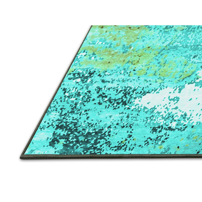 Tapis en laine / polyester abstrait tissé à la machine en turquoise / jaune / gris / blanc, Rectangle 2 pi x 3 pi