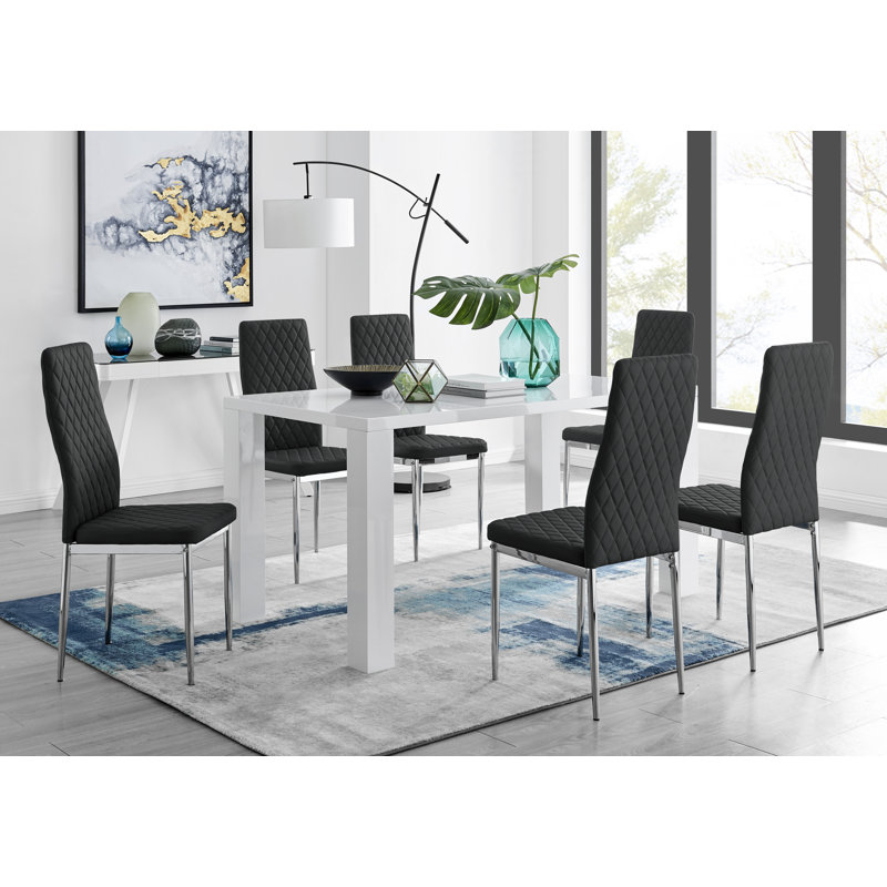Eubanks High Gloss 6 Seat Rectangular Dining Table Set with Faux Leather Upholstered Dining Chairs, Black