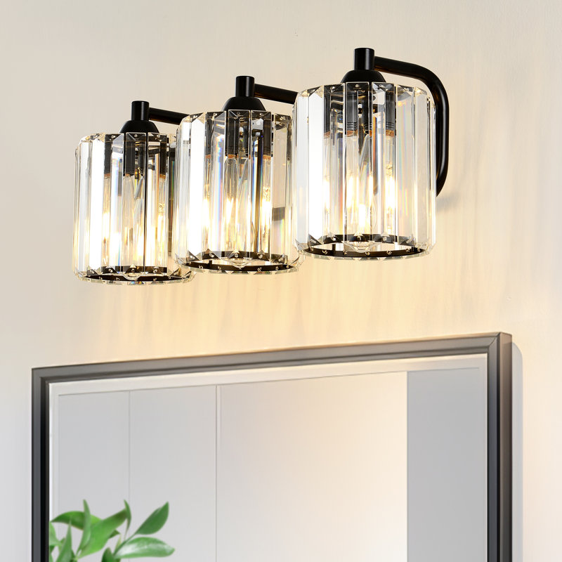 Éclairage pour salle de bain 3 lumières noir avec abat-jour en cristal, Trois lumières, 8" H X 19.7" W X 8.5" D