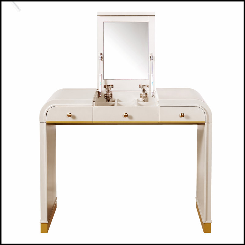 Meuble-lavabo classique en bois avec miroir rabattable, coiffeuse 3 en 1 avec 2 tiroirs et rangement pour la chambre à coucher