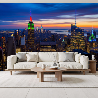 Peel and Stick Wallpaper New York City Skyline Sunset Skyscrapers Colorful Sky Cityscape Wall Murals 69"H x 96"W Removable PVC Wall Paper Self-Adhesive Wall Decor for Bedroom Living Room Home Office