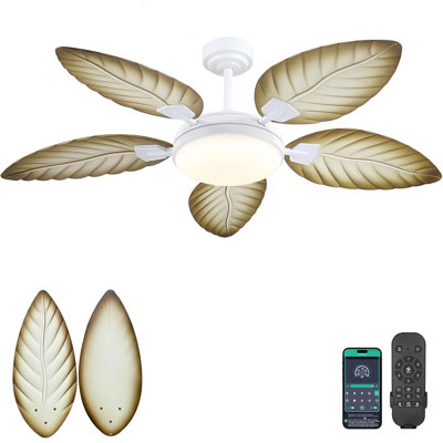 Palm Leaf Ceiling Fans With Lights, Outdoor Tropical Ceiling Fans With Remote For Patios Living Room, Dimmable, 6 Speeds, Reversible, Wood Grain