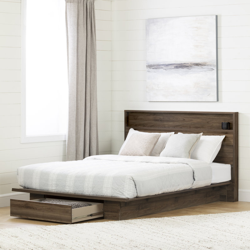 Queen Walnut Wood Frame Platform Bed with Storage Drawer