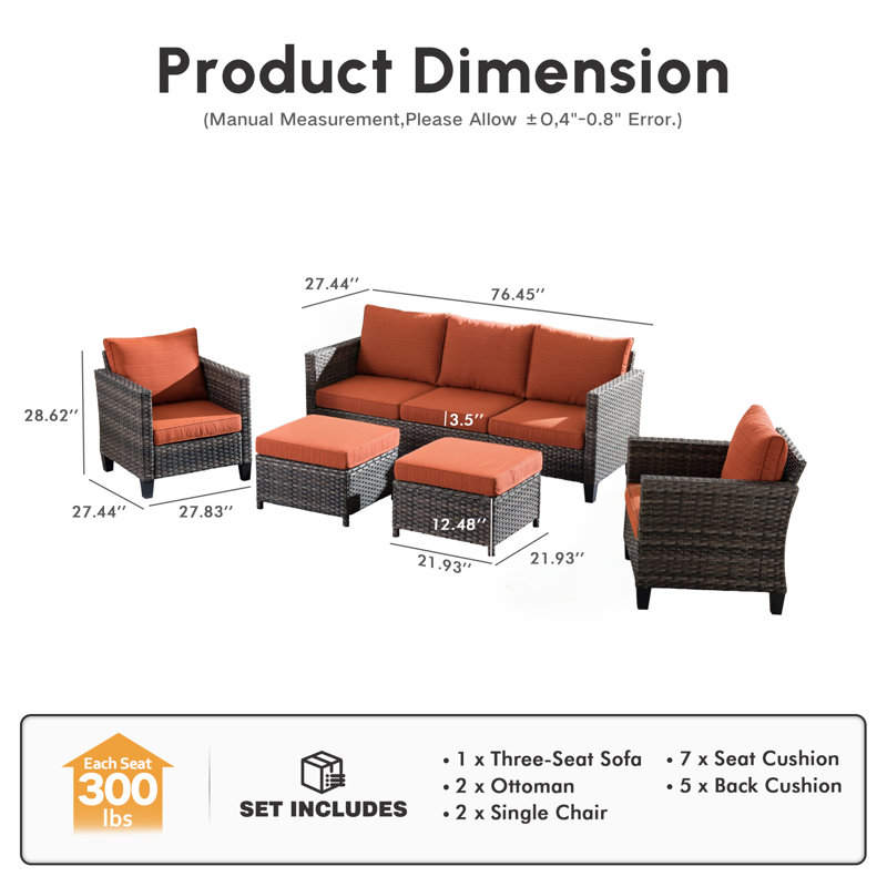 Ensemble de conversation modulaire en rotin avec coussins Amerissa, Orange / rouge