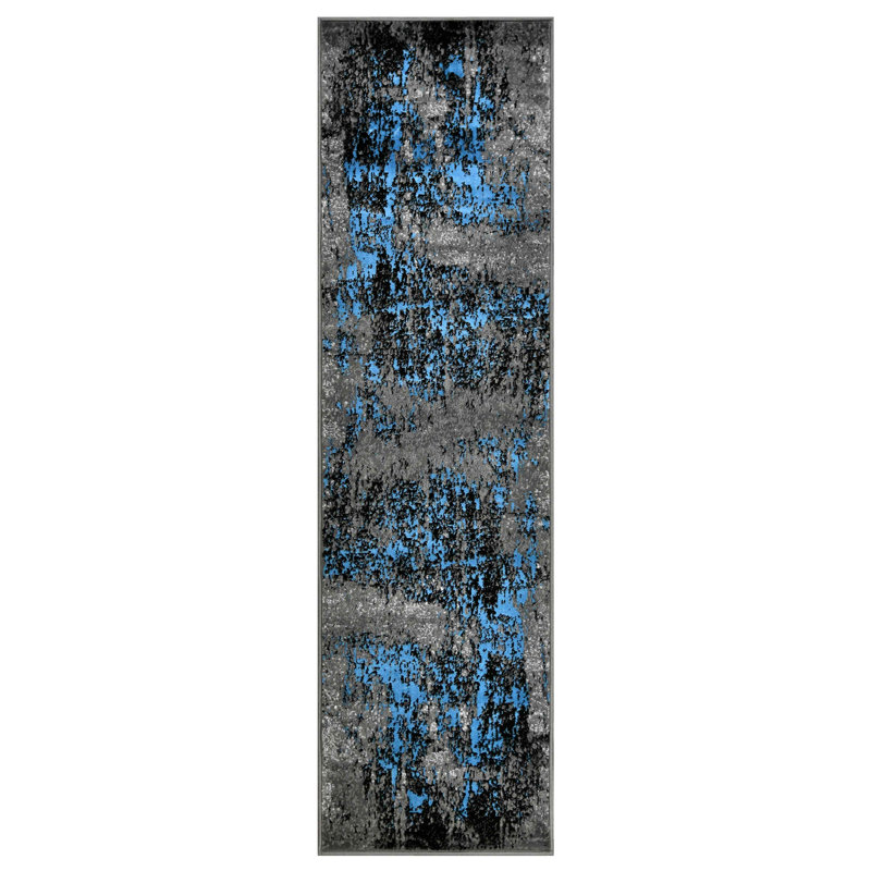 Tapis abstrait contemporain bleu HR, gris, noir HR, Tapis de couloir 2 pi x 7 pi 2 po